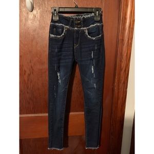 Dark Wash Frayed Button Down High Rise Jeans